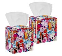 2PCS Square Tissue Box Cover, Hearts Skull Flowers and Butterflies Pattern Leather Tissue Case Facial Paper Organizer Dispenser for Vanity Toilet Tank Dresser Night Stand Table Countertop Office Car