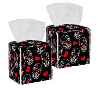 2PCS Square Tissue Box Cover, Hearts Skulls Day of The Dead Pattern Leather Tissue Case Facial Paper Organizer Dispenser for Vanity Toilet Tank Dresser Night Stand Table Countertop Office Car