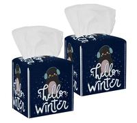 2PCS Square Tissue Box Cover, Hello Winter Lettering Penguin Leather Tissue Case Facial Paper Organizer Dispenser for Vanity Toilet Tank Dresser Night Stand Table Countertop Office Car