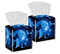 2PCS Square Tissue Box Cover, Howling Wolves with Blue Starred Sky Moonlight Leather Tissue Case Facial Paper Organizer Dispenser for Vanity Dresser Night Stand Table Countertop Office Car