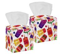 2PCS Square Tissue Box Cover, Ice Cream Watercolor Leather Tissue Case Facial Paper Organizer Dispenser for Vanity Toilet Tank Dresser Night Stand Table Countertop Office Car