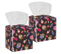2PCS Square Tissue Box Cover, Ice Creams and Cartoon Cake Strawberry Heart Dots Pattern Leather Tissue Case Facial Paper Organizer Dispenser for Vanity Dresser Night Stand Table Countertop