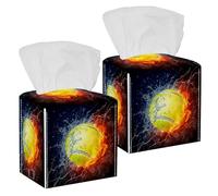 2PCS Square Tissue Box Cover, Ice Fire Baseball Leather Tissue Case Facial Paper Organizer Dispenser for Vanity Toilet Tank Dresser Night Stand Table Countertop Office Car