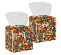 2PCS Square Tissue Box Cover, Indian Cultural Holy Animals Masks Music Pattern Leather Tissue Case Facial Paper Organizer Dispenser for Vanity Toilet Tank Dresser Night Stand Table Countertop Office