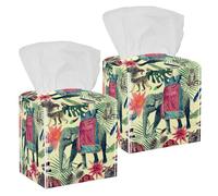 2PCS Square Tissue Box Cover, Indian Elephant Monkeys Peacock Feathers Cow Palm Leaves Pattern Leather Tissue Case Facial Paper Organizer Dispenser for Vanity Dresser Night Stand Table Countertop