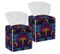 2PCS Square Tissue Box Cover, Indian Mandalas Paisley Dragonfly Sun Pattern Leather Tissue Case Facial Paper Organizer Dispenser for Vanity Toilet Tank Dresser Night Stand Table Countertop Office Car
