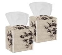 2PCS Square Tissue Box Cover, Ink Wash Painting Bamboo Leather Tissue Case Facial Paper Organizer Dispenser for Vanity Toilet Tank Dresser Night Stand Table Countertop Office Car