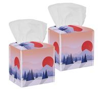 2PCS Square Tissue Box Cover, Japan Winter Forest Fir Trees Pines Red Sun Sunset Sunrise Leather Tissue Case Facial Paper Organizer Dispenser for Vanity Dresser Night Stand Table Countertop