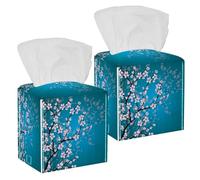 2PCS Square Tissue Box Cover, Japanese Cherry Blossom Flowers Leather Tissue Case Facial Paper Organizer Dispenser for Vanity Toilet Tank Dresser Night Stand Table Countertop Office Car