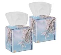 2PCS Square Tissue Box Cover, Japanese Cherry Blossom Flowers Leather Tissue Case Facial Paper Organizer Dispenser for Vanity Toilet Tank Dresser Night Stand Table Countertop Office Car