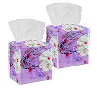2PCS Square Tissue Box Cover, Japanese Cherry Flowers Leather Tissue Case Facial Paper Organizer Dispenser for Vanity Toilet Tank Dresser Night Stand Table Countertop Office Car