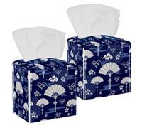 2PCS Square Tissue Box Cover, Japanese Chinese FansAsian Flowers Cloud Pattern Leather Tissue Case Facial Paper Organizer Dispenser for Vanity Toilet Tank Dresser Night Stand Table Countertop Office