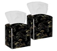 2PCS Square Tissue Box Cover, Japanese Chinese Tiger Nature Pattern Leather Tissue Case Facial Paper Organizer Dispenser for Vanity Toilet Tank Dresser Night Stand Table Countertop Office Car