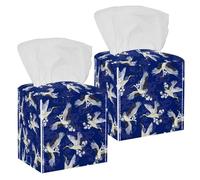 2PCS Square Tissue Box Cover, Japanese Crane Birds and Water Pattern Leather Tissue Case Facial Paper Organizer Dispenser for Vanity Toilet Tank Dresser Night Stand Table Countertop Office Car