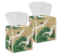 2PCS Square Tissue Box Cover, Japanese Crane Birds Leather Tissue Case Facial Paper Organizer Dispenser for Vanity Toilet Tank Dresser Night Stand Table Countertop Office Car