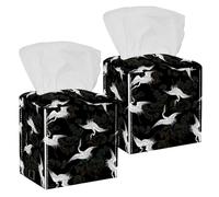 2PCS Square Tissue Box Cover, Japanese Crane Pattern Leather Tissue Case Facial Paper Organizer Dispenser for Vanity Toilet Tank Dresser Night Stand Table Countertop Office Car