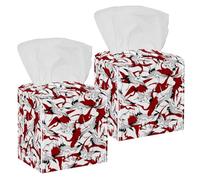 2PCS Square Tissue Box Cover, Japanese Crane White Red Bird Pattern Leather Tissue Case Facial Paper Organizer Dispenser for Vanity Toilet Tank Dresser Night Stand Table Countertop Office Car