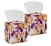 2PCS Square Tissue Box Cover, Japanese Culture Flowers Colorful Floral Pattern Leather Tissue Case Facial Paper Organizer Dispenser for Vanity Dresser Night Stand Table Countertop Office Car