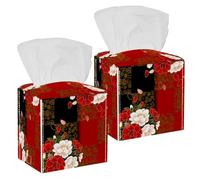 2PCS Square Tissue Box Cover, Japanese Flowers Leather Tissue Case Facial Paper Organizer Dispenser for Vanity Toilet Tank Dresser Night Stand Table Countertop Office Car