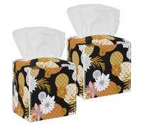 2PCS Square Tissue Box Cover, Japanese Golden Silver Palm Leaves Flowers Leather Tissue Case Facial Paper Organizer Dispenser for Vanity Toilet Tank Dresser Night Stand Table Countertop Office Car