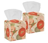 2PCS Square Tissue Box Cover, Japanese Style Birds and Flowers Leather Tissue Case Facial Paper Organizer Dispenser for Vanity Toilet Tank Dresser Night Stand Table Countertop Office Car