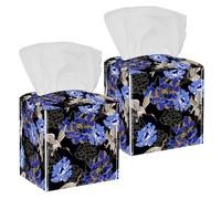 2PCS Square Tissue Box Cover, Japanese White Cranes and Peony Pattern Leather Tissue Case Facial Paper Organizer Dispenser for Vanity Toilet Tank Dresser Night Stand Table Countertop Office Car