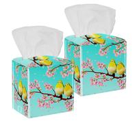 2PCS Square Tissue Box Cover, Japanese White-Eye Birds Cherry Blossom Leather Tissue Case Facial Paper Organizer Dispenser for Vanity Toilet Tank Dresser Night Stand Table Countertop Office Car