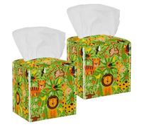 2PCS Square Tissue Box Cover, Jungle Animals Lion Giraffe Monkeys Leather Tissue Case Facial Paper Organizer Dispenser for Vanity Toilet Tank Dresser Night Stand Table Countertop Office Car