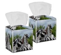 2PCS Square Tissue Box Cover, Lemurs Together Leather Tissue Case Facial Paper Organizer Dispenser for Vanity Toilet Tank Dresser Night Stand Table Countertop Office Car