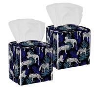 2PCS Square Tissue Box Cover, Leopard Zebra Tiger and Exotic Leaves Pattern Leather Tissue Case Facial Paper Organizer Dispenser for Vanity Toilet Tank Dresser Night Stand Table Countertop Office Car