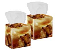 2PCS Square Tissue Box Cover, Lions Animal Leather Tissue Case Facial Paper Organizer Dispenser for Vanity Toilet Tank Dresser Night Stand Table Countertop Office Car