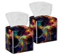 2PCS Square Tissue Box Cover, Little Fox in Universe Leather Tissue Case Facial Paper Organizer Dispenser for Vanity Toilet Tank Dresser Night Stand Table Countertop Office Car