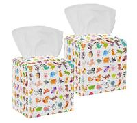 2PCS Square Tissue Box Cover, Lively Animals and Birds Leather Tissue Case Facial Paper Organizer Dispenser for Vanity Toilet Tank Dresser Night Stand Table Countertop Office Car