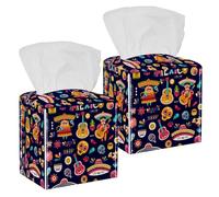 2PCS Square Tissue Box Cover, Lively Mexico City Leather Tissue Case Facial Paper Organizer Dispenser for Vanity Toilet Tank Dresser Night Stand Table Countertop Office Car