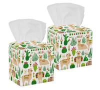 2PCS Square Tissue Box Cover, Llamas Cacti Alpacas Spanish Hello Leather Tissue Case Facial Paper Organizer Dispenser for Vanity Toilet Tank Dresser Night Stand Table Countertop Office Car
