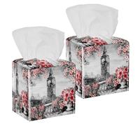 2PCS Square Tissue Box Cover, London Big Ben Rose Leather Tissue Case Facial Paper Organizer Dispenser for Vanity Toilet Tank Dresser Night Stand Table Countertop Office Car