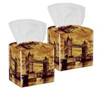 2PCS Square Tissue Box Cover, London Tower Bridge Leather Tissue Case Facial Paper Organizer Dispenser for Vanity Dresser Night Stand Table Countertop Office Car