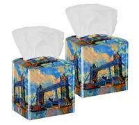 2PCS Square Tissue Box Cover, London Tower Bridge Leather Tissue Case Facial Paper Organizer Dispenser for Vanity Toilet Tank Dresser Night Stand Table Countertop Office Car