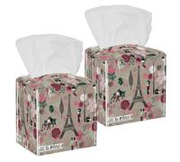 2PCS Square Tissue Box Cover, Love Paris Eiffel Tower Leather Tissue Case Facial Paper Organizer Dispenser for Vanity Toilet Tank Dresser Night Stand Table Countertop Office Car