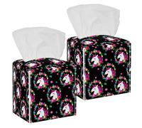 2PCS Square Tissue Box Cover, Magic Cute Unicorn in a Wreath of Flowers Pattern Leather Tissue Case Facial Paper Organizer Dispenser for Vanity Toilet Tank Dresser Night Stand Table Countertop Office