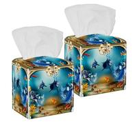 2PCS Square Tissue Box Cover, Magic Mermaid and Dolphin Leather Tissue Case Facial Paper Organizer Dispenser for Vanity Toilet Tank Dresser Night Stand Table Countertop Office Car