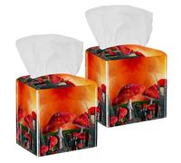 2PCS Square Tissue Box Cover, Magic Mushroom Leather Tissue Case Facial Paper Organizer Dispenser for Vanity Toilet Tank Dresser Night Stand Table Countertop Office Car