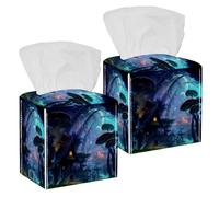 2PCS Square Tissue Box Cover, Magic Mushroom Paradise Leather Tissue Case Facial Paper Organizer Dispenser for Vanity Toilet Tank Dresser Night Stand Table Countertop Office Car