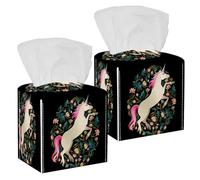 2PCS Square Tissue Box Cover, Magic Unicorn Beautiful Flowers Pattern Leather Tissue Case Facial Paper Organizer Dispenser for Vanity Toilet Tank Dresser Night Stand Table Countertop Office Car
