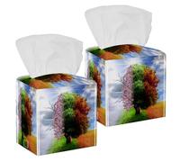 2PCS Square Tissue Box Cover, Magical Four Season Tree Leather Tissue Case Facial Paper Organizer Dispenser for Vanity Toilet Tank Dresser Night Stand Table Countertop Office Car