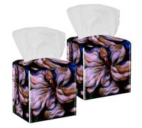 2PCS Square Tissue Box Cover, Magnolia Flower Leather Tissue Case Facial Paper Organizer Dispenser for Vanity Toilet Tank Dresser Night Stand Table Countertop Office Car