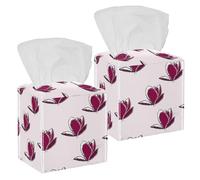 2PCS Square Tissue Box Cover, Magnolia Flower Purple Pattern Plant Leather Tissue Case Facial Paper Organizer Dispenser for Vanity Toilet Tank Dresser Night Stand Table Countertop Office Car