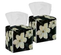 2PCS Square Tissue Box Cover, Magnolia Leather Tissue Case Facial Paper Organizer Dispenser for Vanity Toilet Tank Dresser Night Stand Table Countertop Office Car