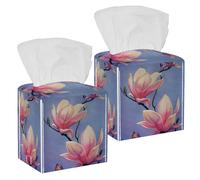2PCS Square Tissue Box Cover, Magnolia Paintings Leather Tissue Case Facial Paper Organizer Dispenser for Vanity Toilet Tank Dresser Night Stand Table Countertop Office Car