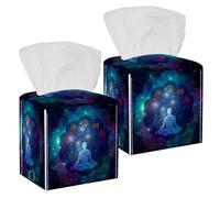 2PCS Square Tissue Box Cover, Man Meditate Yoga Star Cosmos Galaxy Universe Blue Leather Tissue Case Facial Paper Organizer Dispenser for Vanity Toilet Tank Dresser Night Stand Table Countertop